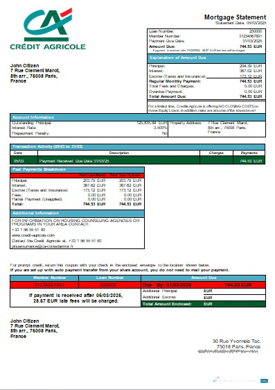Download France Credite Agricole Bank mortgage statement scr Photoshop template